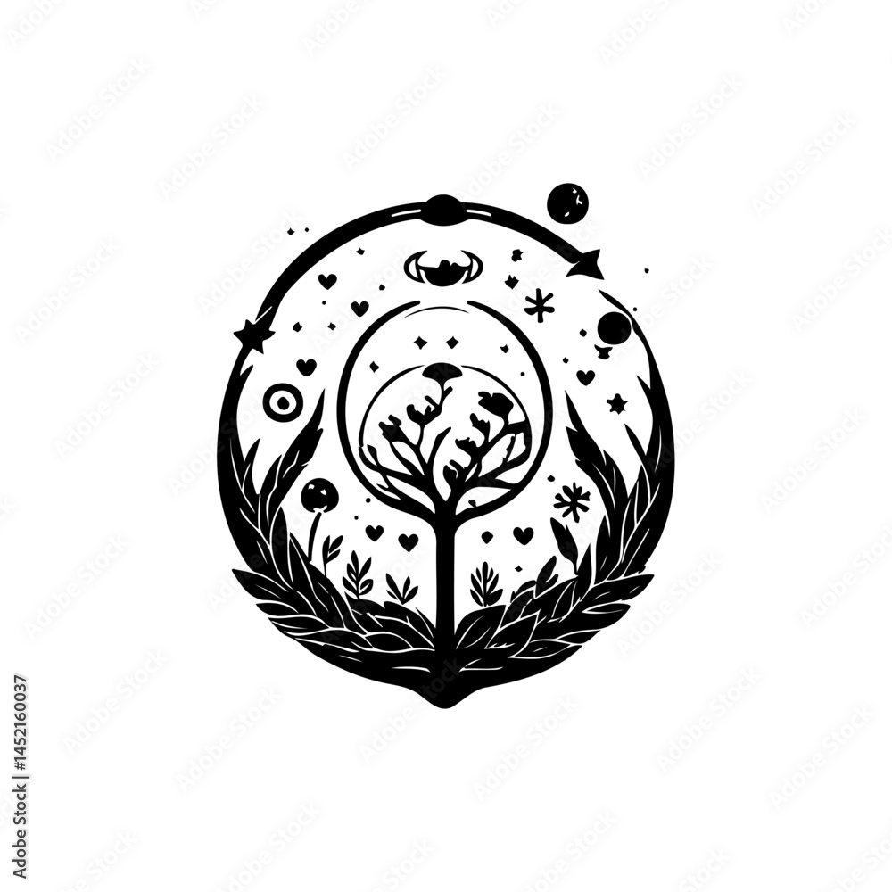 Aufkleber abstract celestial botanical composition with planetary elements on white canvas