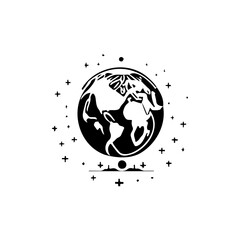 Stylized monochromatic illustration of the earth surrounded by celestial shapes