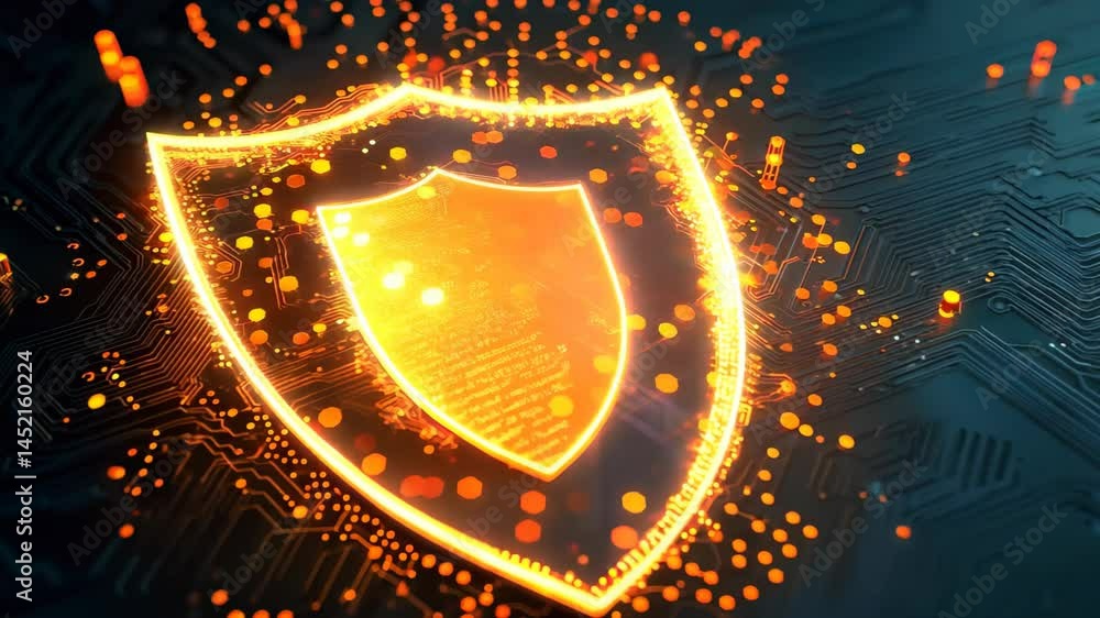 Poster a sleek digital shield icon set against an abstract background filled with glowing elements. this im