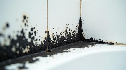 Close-up view of dark mold growth accumulating in a corner of a white tiled surface, indicating a need for cleaning and potential moisture problem