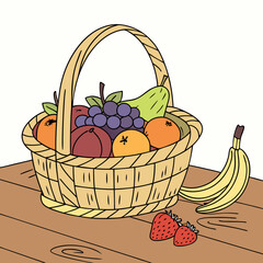 Colorful Fruit Basket Illustration – Fresh Mixed Fruits in a Vibrant and Healthy Vector Design