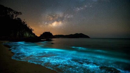 Night scene of bioluminescent waves glowing bright blue on a sandy beach under a dark sky filled with stars and the Milky Way galaxy. 