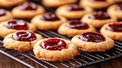 Freshly baked thumbprint cookies filled with colorful jam sit cooling on a rack, offering a perfect treat that blends nostalgia with a touch of sweetness for every occasion.