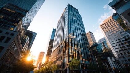 Buildings Reach Toward Skyline at Sunrise, Modern Structures and Urban Landscape, Skyward Gaze View