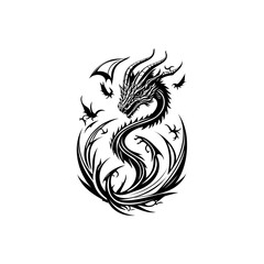 Intricate stylized dragon with encircling dark plumage, monochrome design