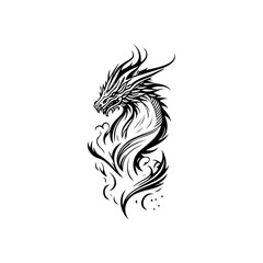 Intricate depiction of a mythological dragon in monochrome swirling design