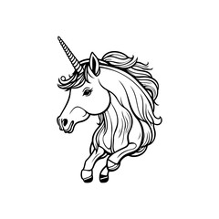 Elegant unicorn depiction in black and white linear style for mystic themes