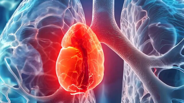 A detailed 3D visualization of human lungs highlighting a cancerous tumor. This image serves as an educational tool for understanding lung health and disease.