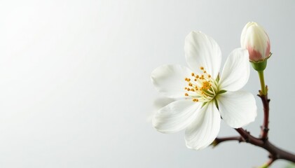 Obraz premium Delicate white blossom against pure white backdrop, background, close up