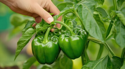 Gardener hand adjusting leaves around young bell pepper crop in eco-friendly backyard garden
