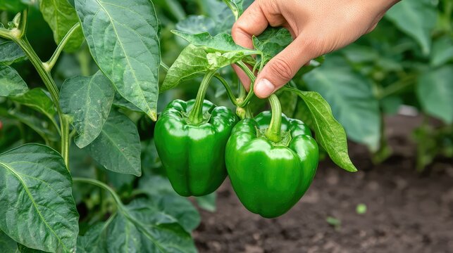 Gardener hand adjusting leaves around young bell pepper crop in eco-friendly backyard garden