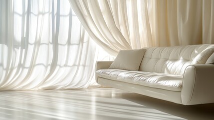 Sunlit living room with white sofa and sheer curtains.
