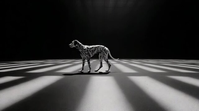 Pixel art Dalmatian dog walks across a textured surface, illuminated by stark, parallel beams of light in a dark setting. Monochrome palette.