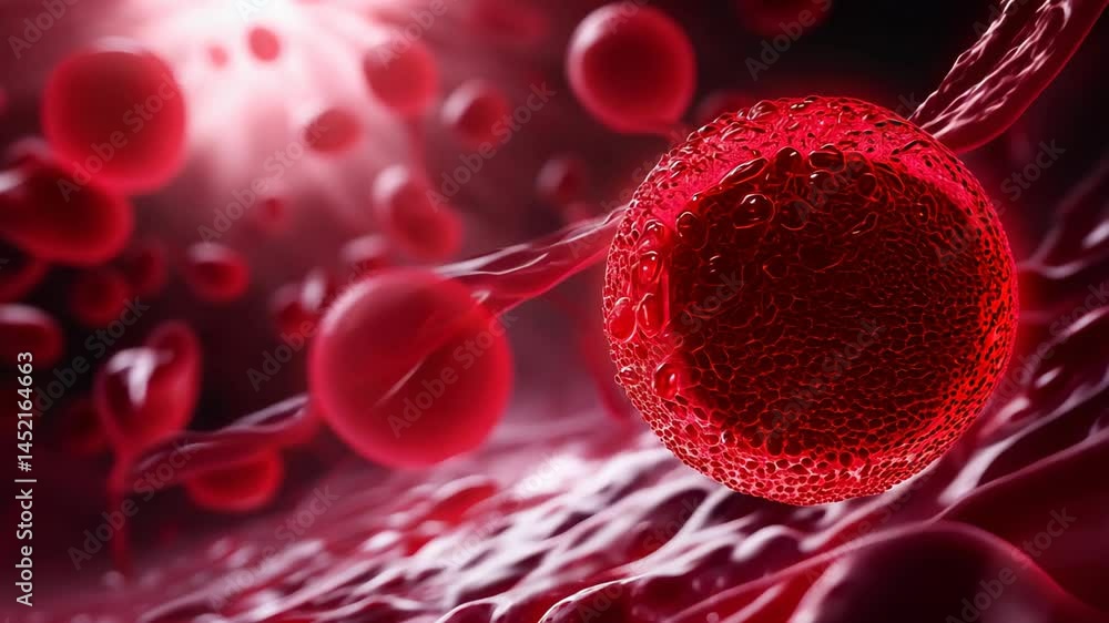 Poster close-up view of red blood cells and plasma in motion, showcasing the vibrant fluidity and structure