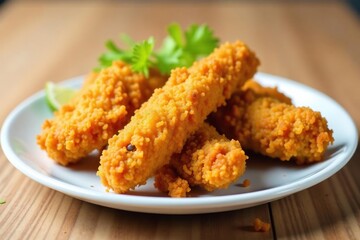 Close-up of crispy fried chicken strips on white , hot, meat, eat