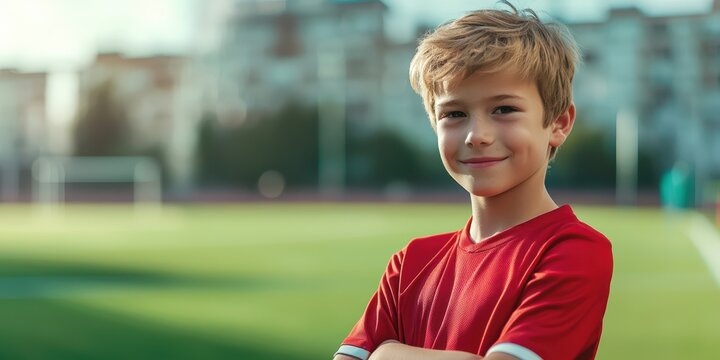 a portrait of a young boy in a red shirt standing with his arms crossed in front of a green soccer field