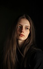 Fototapeta premium A portrait of a young woman with long hair, illuminated by soft side light against a black background. The backlighting creates a silhouette and shadow around the face, highlighting the facial contour