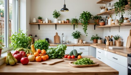 bright open kitchen filled with organic produce herb plants and meal prep tools showing healthy living environment and nutritional mindfulness