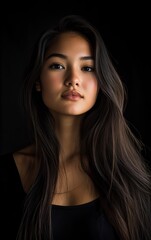 Fototapeta premium A portrait of a young woman with long hair, illuminated by soft side light against a black background. The backlighting creates a silhouette and shadow around the face, highlighting the facial contour