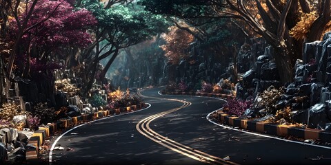 Winding Road through Enchanted Forest: A scenic highway winds its way through a lush, vibrant forest, surrounded by towering trees and colorful flora, leading to a journey into a natural haven.