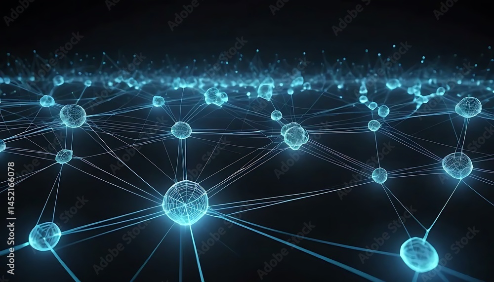 Poster glowing blue spheres interconnected by lines create an abstract network on dark background.