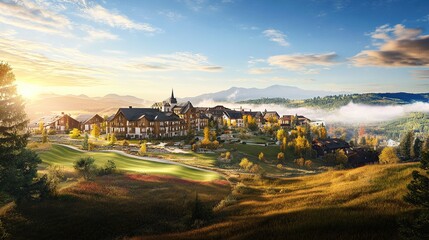 Obraz premium Panoramic view of mountains with sun rays on peaks, forest houses, meadows, and forests, capturing the breathtaking beauty of the region
