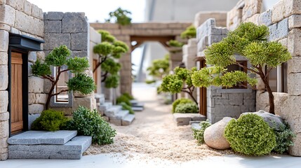 Fototapeta premium Miniature Stone Village Pathway with Lush Greenery and Sand Architectural Model