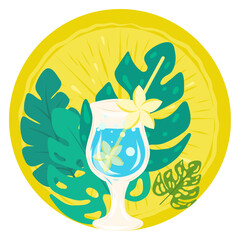 Cocktail with a cocktail straw on a lemon background with tropical leaves vector illustration. Blue cocktail Vector art for cards, designs, postcards, icons, etc