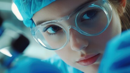 Focused female dental surgeon expertly performing a procedure in a sterile environment, showcasing precision and care in blue scrubs
