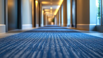 Long hotel corridor with blue carpet.