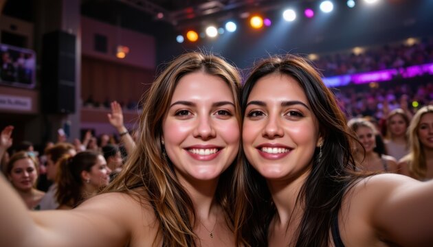 a pair of friends sharing a selfie together at a concert with bright lights in the background capturing the fun and excitement of friendship month and shared experiences