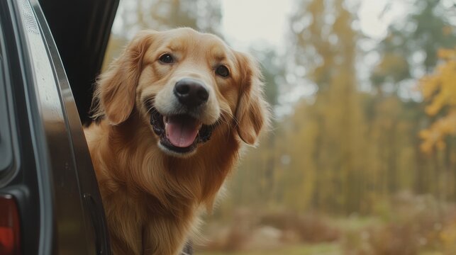 Golden retriever joyfully peeking from a car trunk, embodying playfulness and excitement in a vibrant natural setting