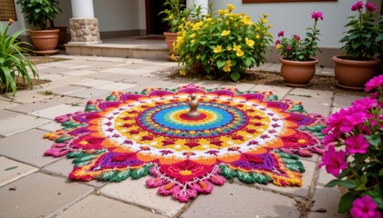 a vibrant and colorful rangoli design laid out in front of a house with blooming flowers and greenery surrounding it during the hariyali teej festival symbolizing the beginning of the summer season an
