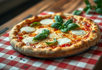 Photorealistic image of a delicious Margherita pizza on a rustic wooden table