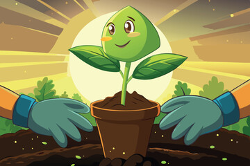 Gardener planting young seedling in the soil with gloves on, representing environmental sustainability and growth under the golden sun