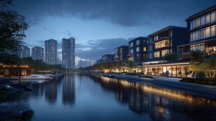 Fototapeta premium Evening cityscape view of modern residential buildings by a calm waterway.