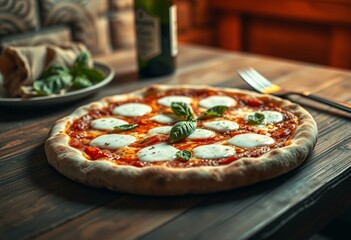 A delicious Margherita pizza on a rustic wooden table