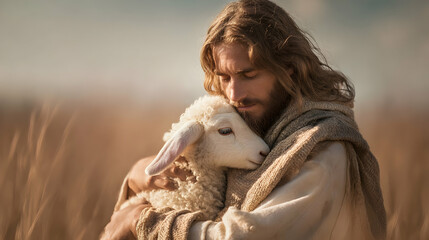 A compassionate soul tenderly cradles a lamb demonstrating benevolence and serene tenderness in nature