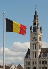 Belgian Flag Fluttering Near the Majestic Medieval Hall of Bruges, a picturesque scene under a bright summer sky
