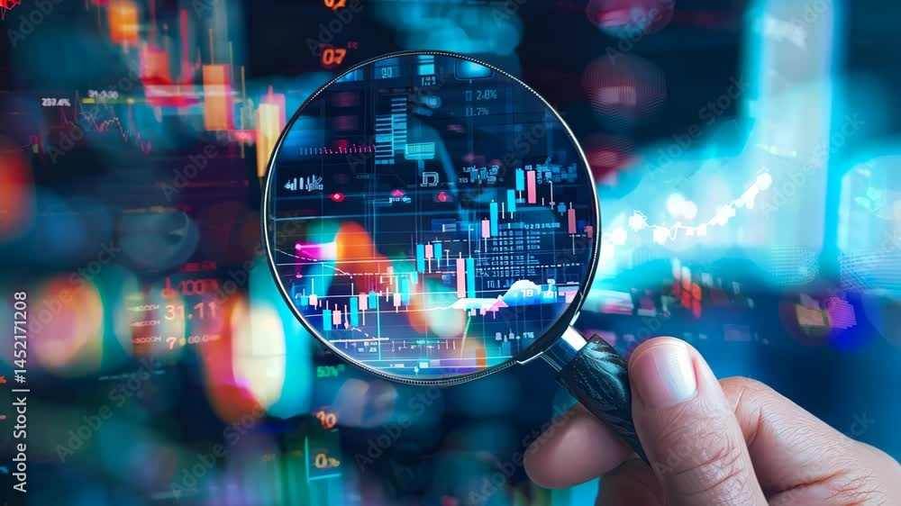 Aufkleber a close-up view of a magnifying glass highlighting digital charts and data, symbolizing deep analysi
