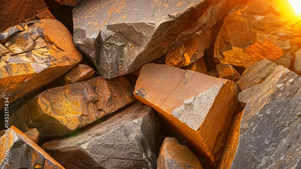 Poster a close-up view highlighting the intricate textures and colors of rough orange and gray rocks. perfe