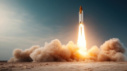 This powerful image shows a rocket blasting off amidst dust clouds, illustrating the exhilarating moment of liftoff and the energy fueling humanity's quest for space exploration.