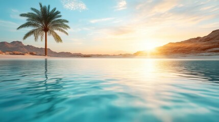 A serene sunset scene features calm waters reflecting warm hues, with a lone palm tree standing tall on the shore, capturing tranquility and the beauty of nature.
