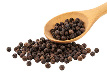 Black peppercorns in wooden spoon transparent background seasoning