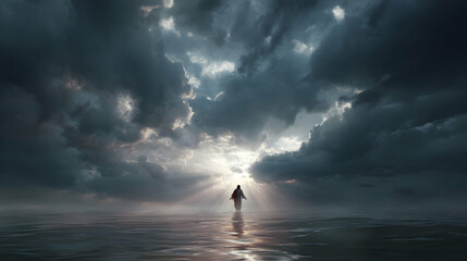 Silhouette figure walking towards radiant light breaking through stormy clouds over tranquil water surface