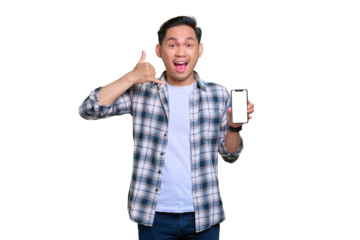 Cheerful young Asian man in plaid shirt holding mobile phone with blank screen, showing call me gesture isolated on transparent background