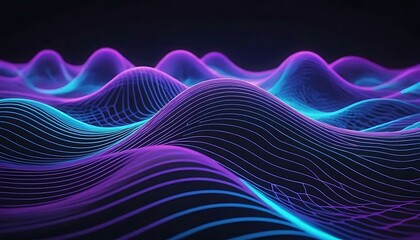Obraz premium Abstract 3D rendered landscape with flowing blue and purple luminous lines over a dark background.