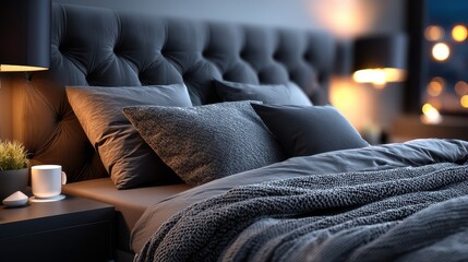 Fototapeta premium Luxurious Gray Bedroom Interior Design Soft Textures and Warm Lighting