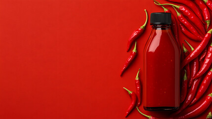 Obraz premium Fiery hot sauce in a bottle, surrounded by fresh red chili peppers on a red background. Flavorful and spicy.
