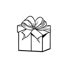 Monochrome outline illustration of present with stylish ribbon, on white backdrop